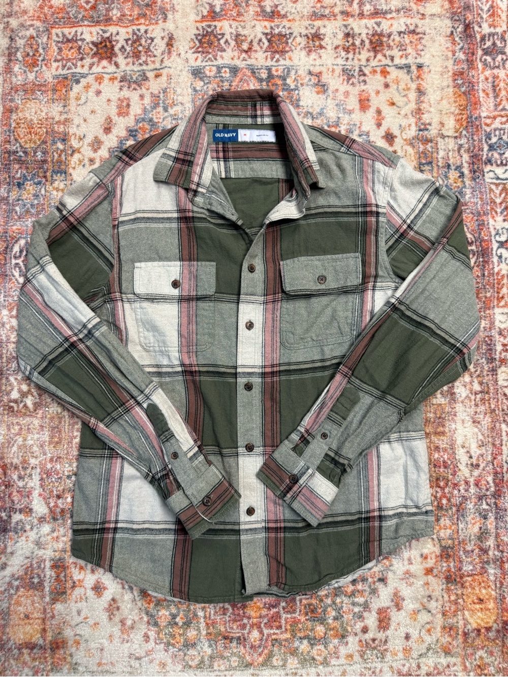 Old Navy Men’s Green/Cream/Pink Plaid Flannel Button Down Shirt Medium